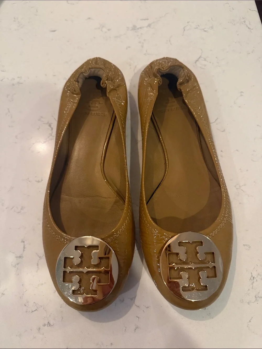 Tory Burch Caramel Patent Leather Logo Ballet Flats